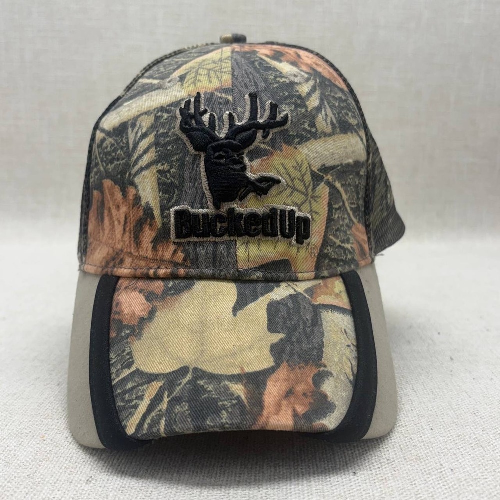 BuckedUp Camo Trucker Hat Mens Adjustable Mesh Back Hunting Deer Logo Brown OSFM